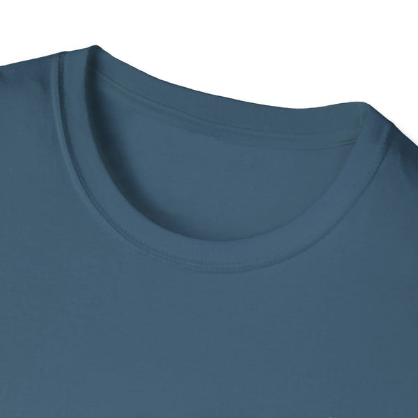 Blue crewneck tee with ribbed collar and smooth knit neckline detail