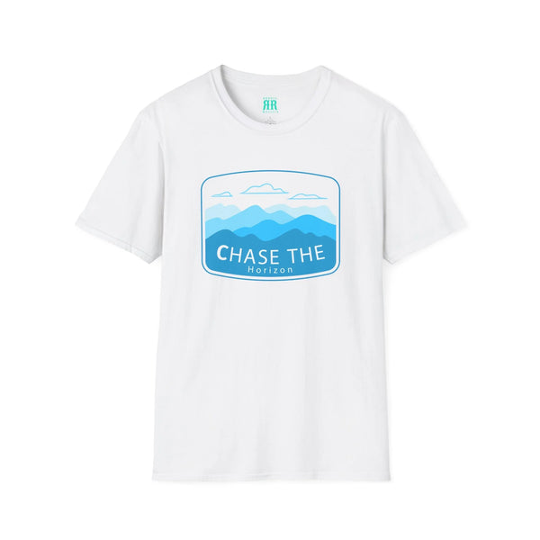 White crew-neck western wear T-shirt with 'Chase the Horizon' landscape graphic