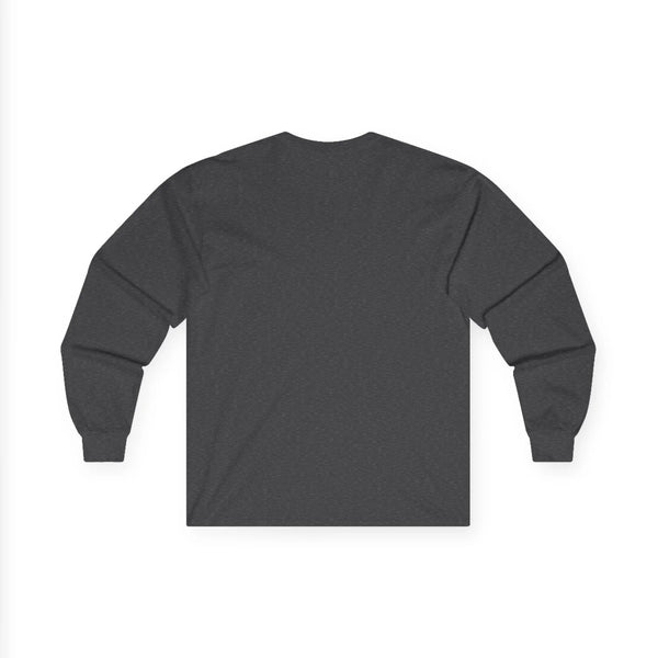 Dark heather long-sleeve crewneck T-shirt, blank back view