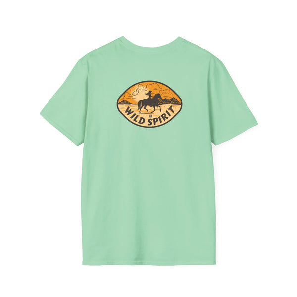 Light mint T-shirt with Wild Spirit horse graphic in oval print on back