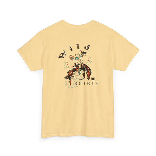 Sand crewneck T-shirt with large back Western graphic and barbed wire text design