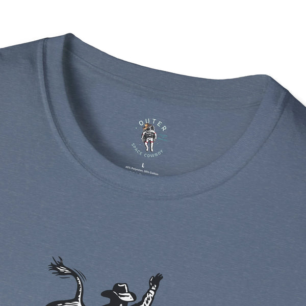 Men's western T-shirt back collar logo graphic reading Outer Space Cowboy, heather indigo