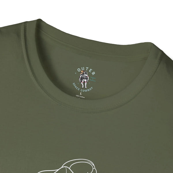 Dark green graphic western tee with small chest cowboy logo near crew neckline