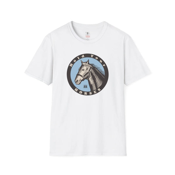 White crew-neck T-shirt with circular Old World Horses graphic on the chest