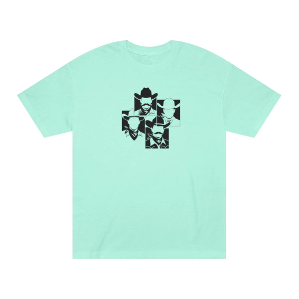 Women’s aqua crewneck tee with pop art cowboy graphic on the front.