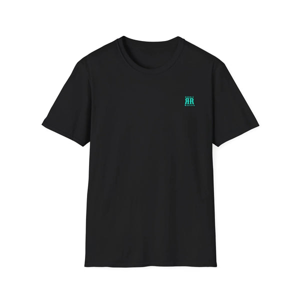 Black crewneck tee with small turquoise chest logo