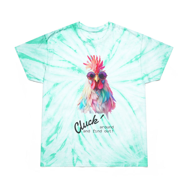 Mint tie-dye T-shirt with colorful rooster face graphic and “Cluck” text