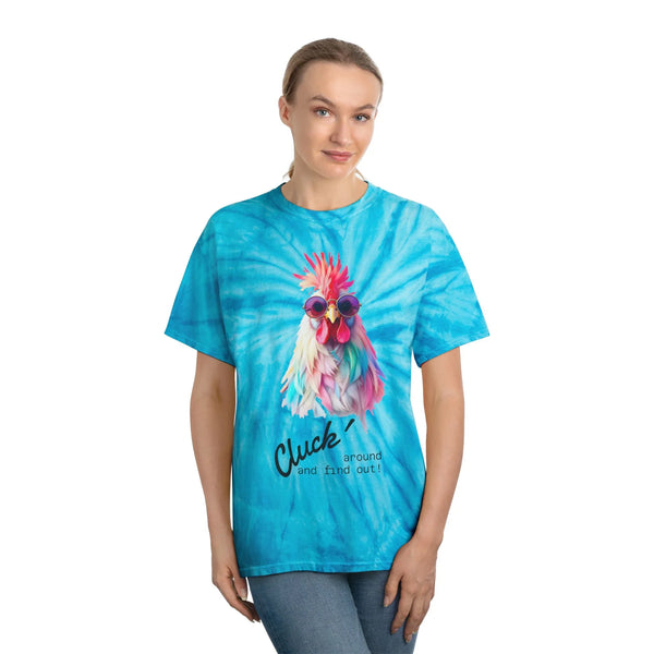 Turquoise tie-dye T-shirt on model with rooster graphic and “Cluck” text