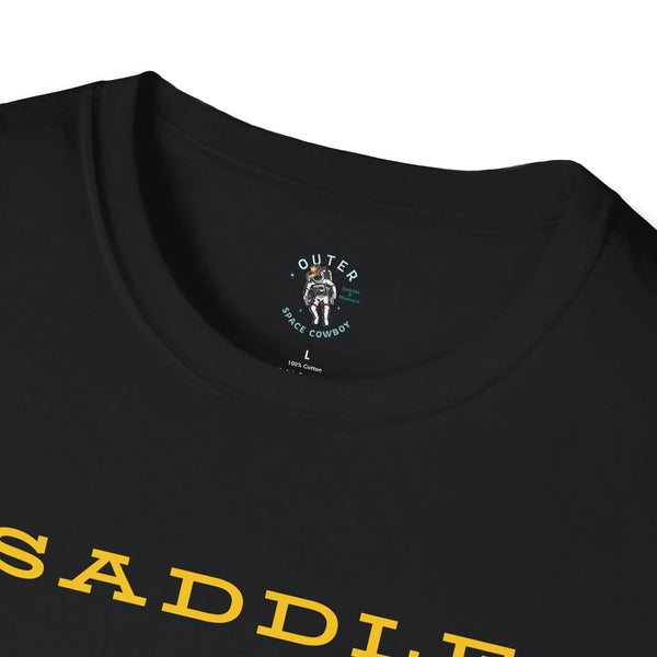 Black crewneck T-shirt neckline logo patch with small outer space cowboy graphic
