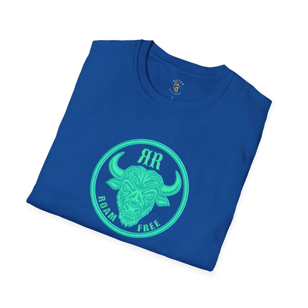 Royal blue crew-neck T-shirt with neon green “AIRMAN FREE” bull graphic