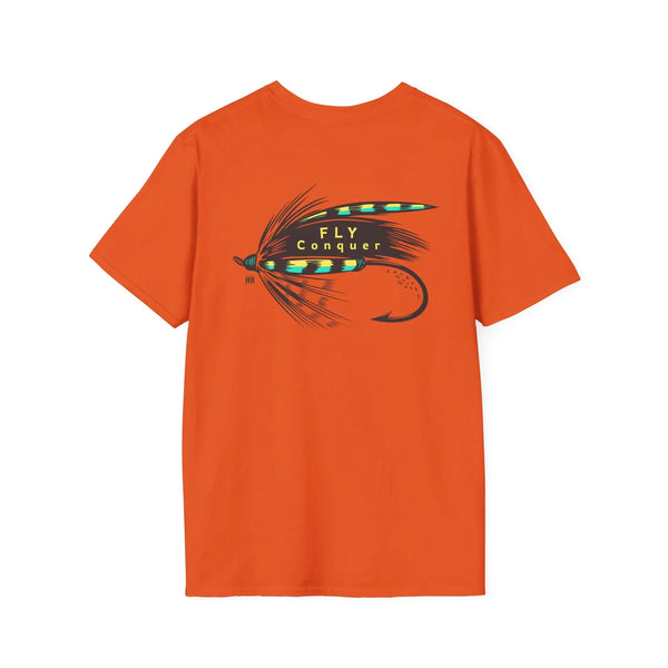 Orange crewneck T-shirt with large Fly Conquer fly and fishing lure graphic