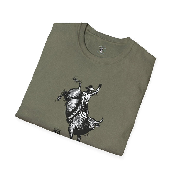 Men's western graphic T-shirt with large cowboy and bull head print, heather military green
