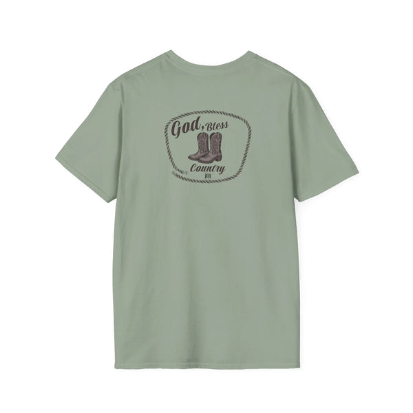 Sage green heavy cotton T-shirt with “God Bless Country” circular chest graphic
