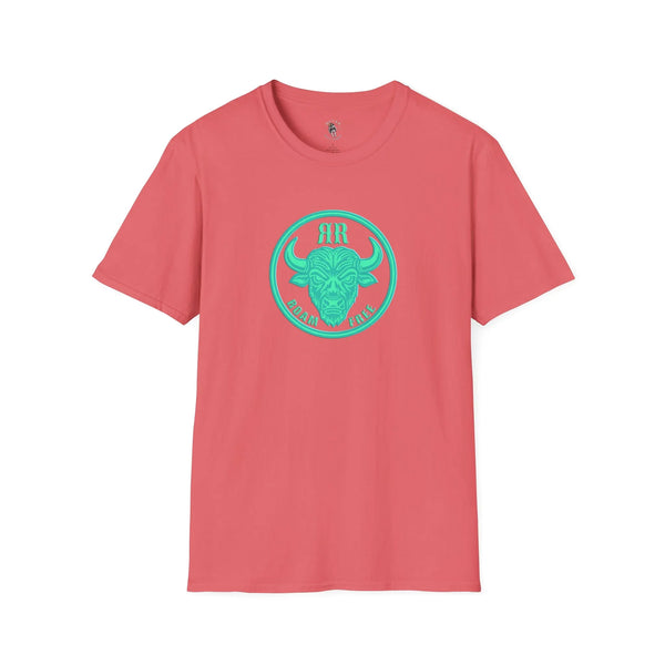Coral pink crewneck graphic tee with neon bison badge center front