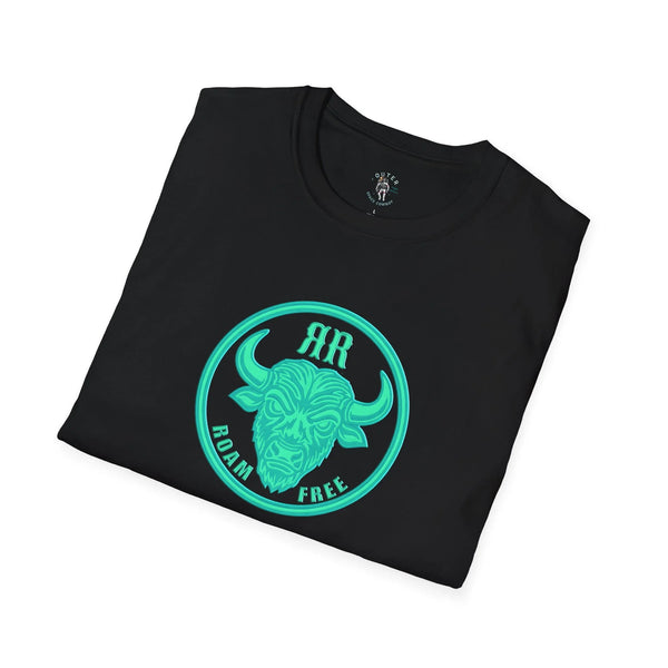 Black crewneck graphic tee with neon bison badge across chest