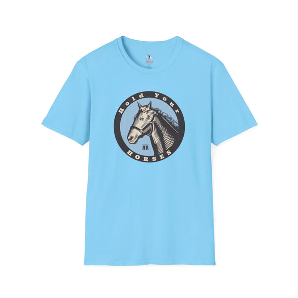 Sky blue crew-neck T-shirt with circular Old World Horses graphic on the chest