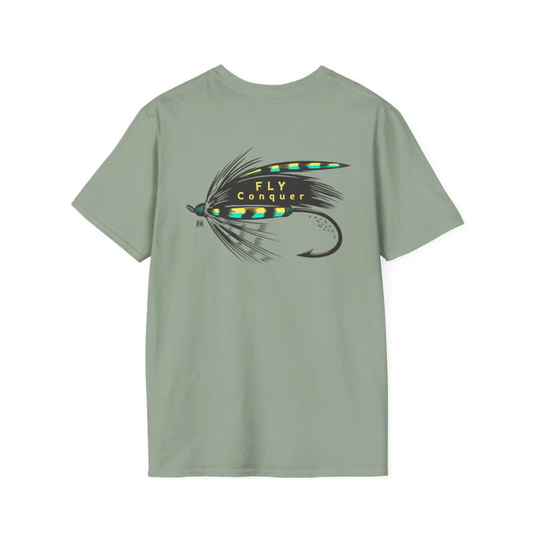 Sage green western graphic tee with colorful fly hook print