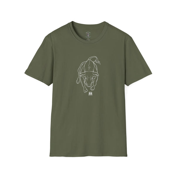 Military green short-sleeve graphic tee with line-art bull rider on the chest