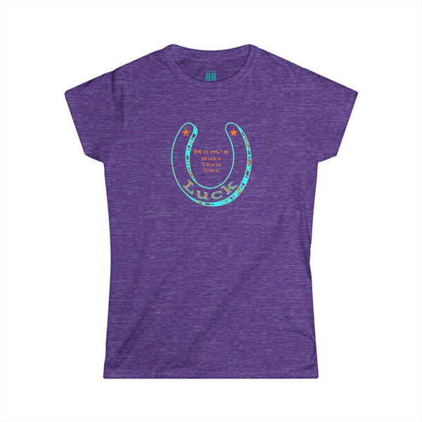 Double R Western Mom’s Make Their Own Luck t-shirt, heather purple, front view, horseshoe western graphic