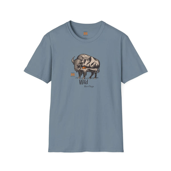Stone blue western graphic T-shirt with bison and 'Wild Heritage' print