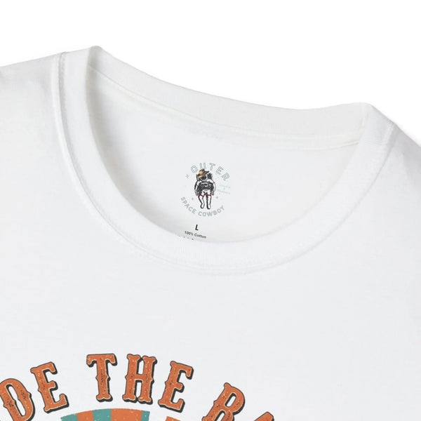 White crewneck t-shirt neckline with small round logo print