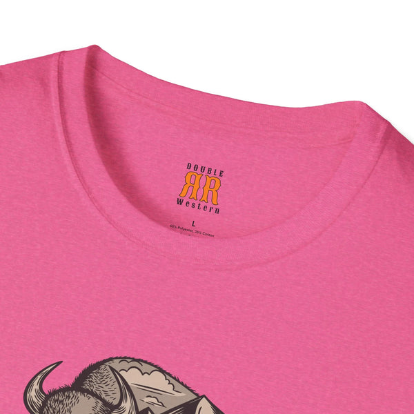 Pink crewneck T-shirt with AR Western logo and partial bison graphic