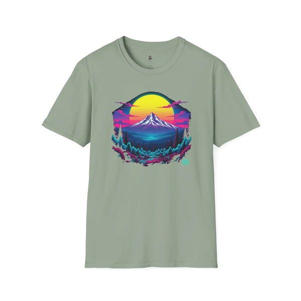 Sage green crewneck graphic tee with neon mountain skyline print at center