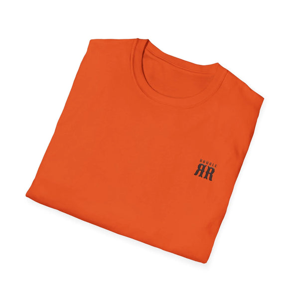 Orange crewneck T-shirt with small dark western "DOUBLE AR" logo on left chest