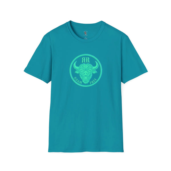 Teal crewneck graphic tee with neon bison badge center front