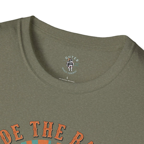 Olive green crewneck t-shirt neckline with small round logo print