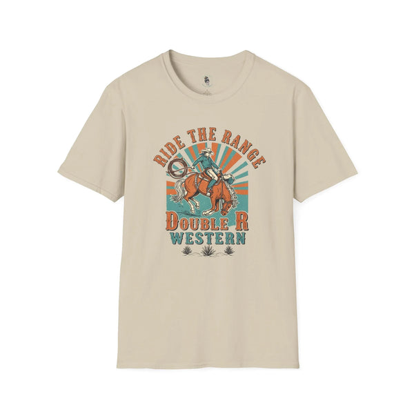 Sand western graphic T-shirt with cowboy on horseback and “Double R Western” text