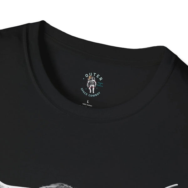 Black T-shirt neckline with Outer Space Cowboy logo patch