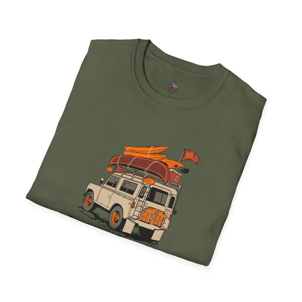 Military green crew-neck T-shirt with colorful off-road truck graphic on chest