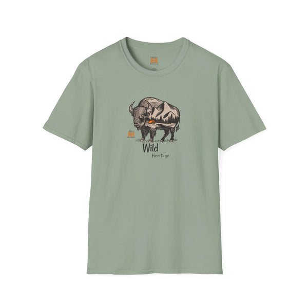 Sage green western graphic T-shirt with bison and 'Wild Heritage' print
