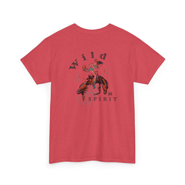 Red crewneck T-shirt with centered back Western graphic and barbed wire text