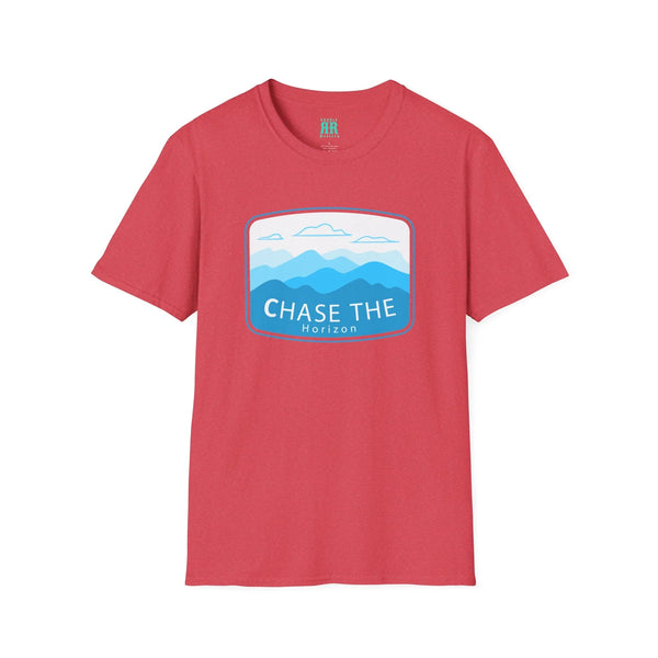 Red softstyle western wear T-shirt with mountain 'CHASE THE' graphic