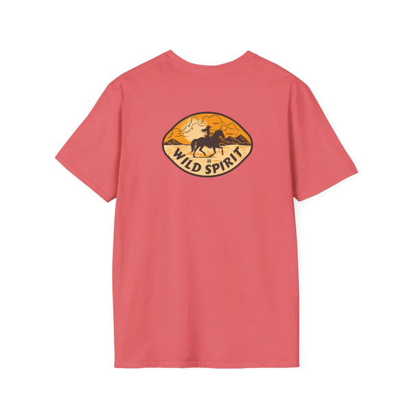 Coral pink T-shirt with Wild Spirit horse graphic in oval print on back