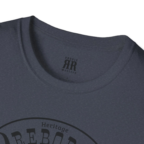 Heather blue crewneck comfort tee neckline with REBORN circular graphic