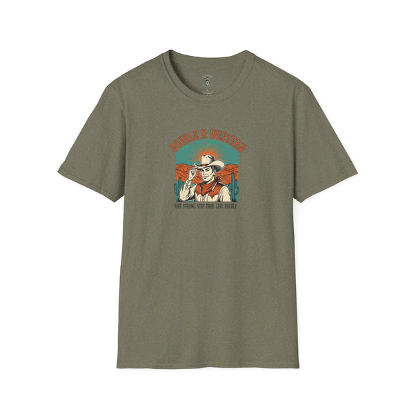 Olive green western graphic T-shirt with cowboy hat logo on the front