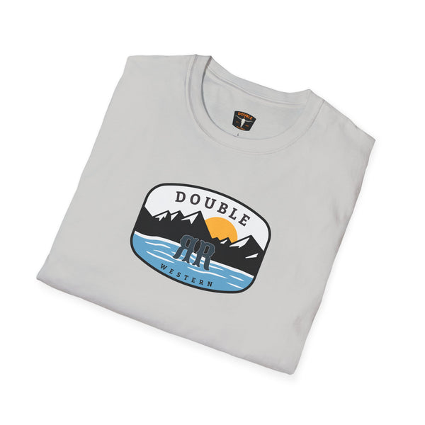 White western wear T-shirt with large oval logo graphic featuring mountains and blue river