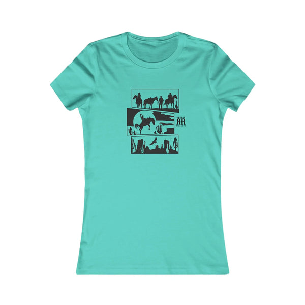 Turquoise cowgirl graphic T-shirt with black desert horse and cowboy print