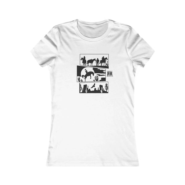 White cowgirl graphic T-shirt with black desert animal and cowboy print