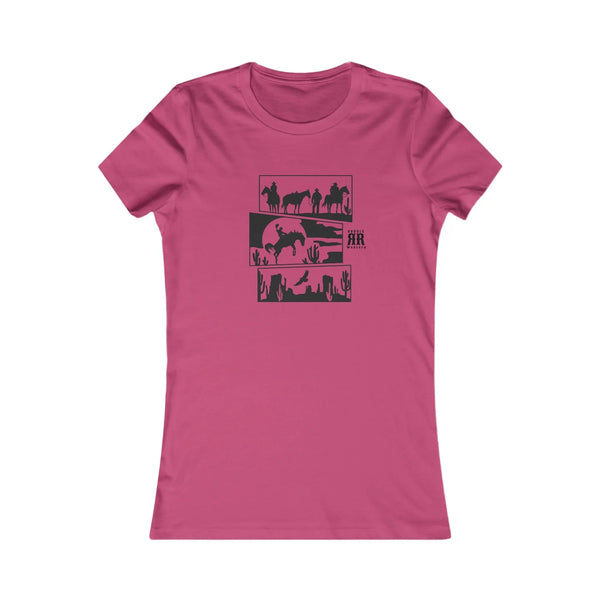 Berry pink cowgirl graphic T-shirt with black desert horse and cowboy print