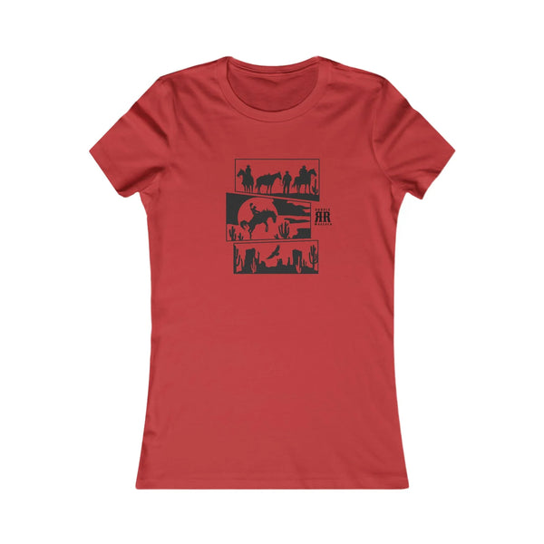 Red cowgirl graphic T-shirt with black desert horse and cowboy print
