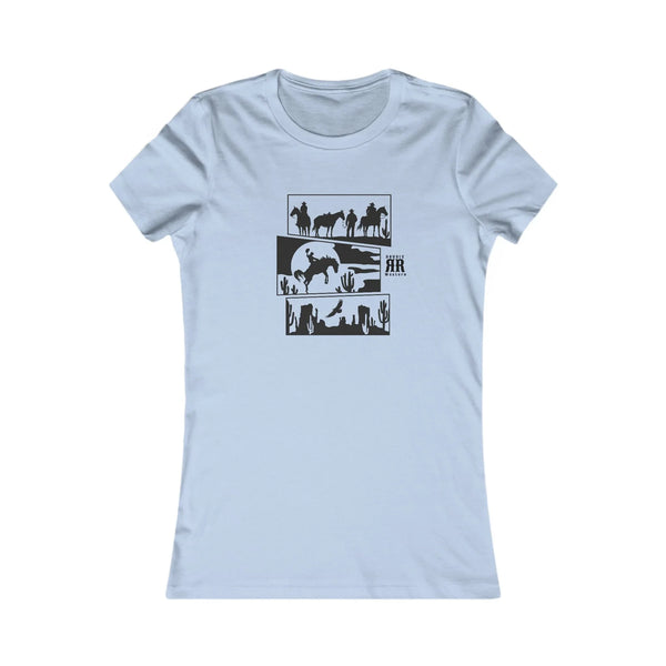 Light blue cowgirl graphic T-shirt with black desert animal and cowboy print