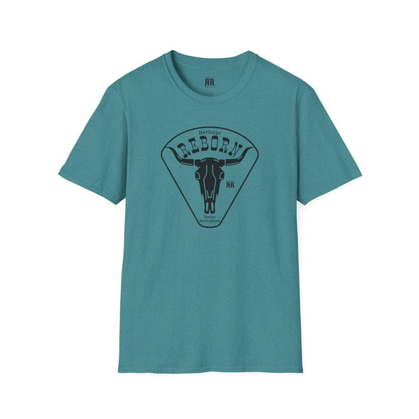 Heritage Reborn universal comfort tee, teal with Reborn bull logo graphic