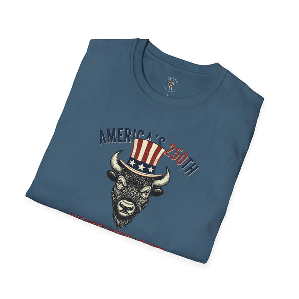 Blue crewneck western graphic T-shirt with bison and Uncle Sam hat print