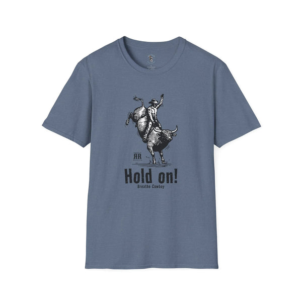 Heather indigo blue men’s western graphic T-shirt with cowboy illustration and “Hold on!” text