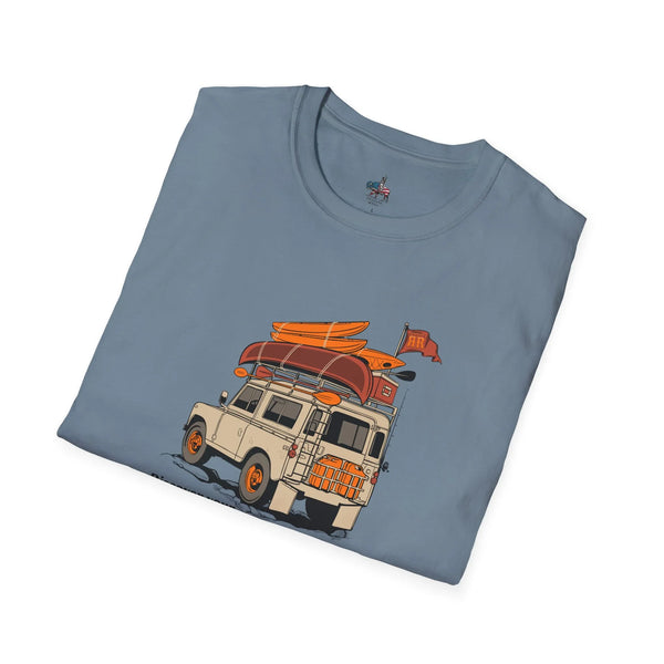 Light blue T-shirt with illustrated offroad truck and surfboard graphic on front