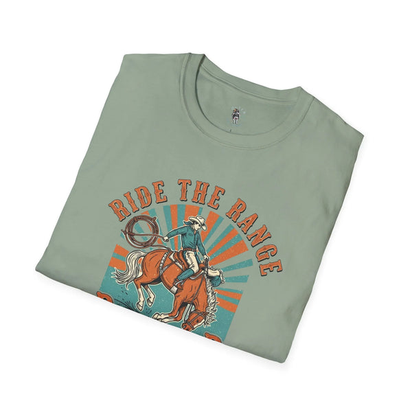 Sage green western graphic t-shirt with cowboy on horseback front print